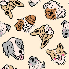 Obraz premium Cute Dog Faces Seamless Pattern on Beige Background, Hand Drawn Puppy Illustration