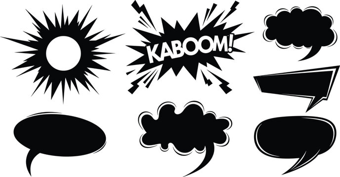 Black comic speech bubbles, explosion effects, and kaboom text isolated on white background