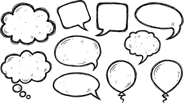 Handdrawn chalk outline speech and thought bubbles with balloon shapes isolated on white background