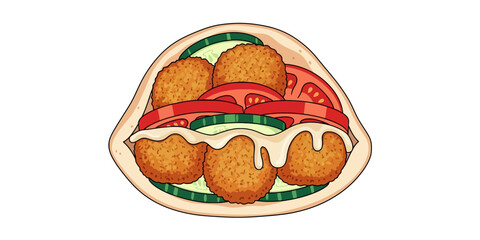 Illustration of Vegetarian Falafel Wrap with Fresh Vegetables and White Sauce in Pita Bread