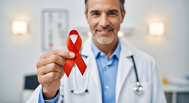 M&eacute;dico M&eacute;dica segurando fita vermelha com express&atilde;o de confian&ccedil;a e fundo desfocado sobre Dezembro Vermelho