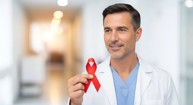 M&eacute;dico M&eacute;dica segurando fita vermelha com express&atilde;o de confian&ccedil;a e fundo desfocado sobre Dezembro Vermelho