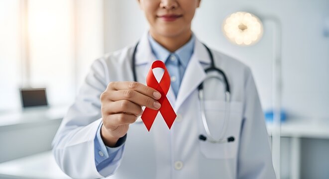 M&eacute;dico M&eacute;dica segurando fita vermelha com express&atilde;o de confian&ccedil;a e fundo desfocado sobre Dezembro Vermelho