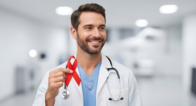 M&eacute;dico M&eacute;dica segurando fita vermelha com express&atilde;o de confian&ccedil;a e fundo desfocado sobre Dezembro Vermelho