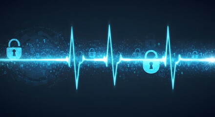 Healthcare, Technology, Cybersecurity Heartbeat Digital Lock and Data Pulse Illustration