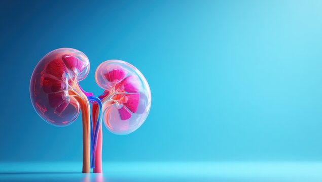 A detailed 3D rendering showcases the human kidneys, highlighting their intricate structure and vascular system against a vibrant blue gradient, suitable for medical or educational purposes.
