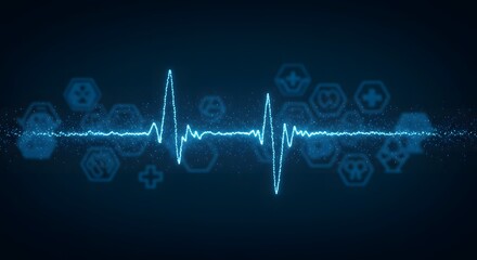 Healthcare, Technology, Glowing Medical Heartbeat Pulse Trace with Icons and Dark Backgr