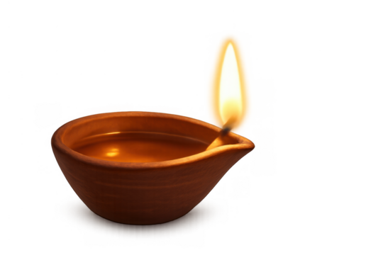 Burning traditional oil lamp (diya) for diwali festival, celebration, worship, and spiritual light on transparent background