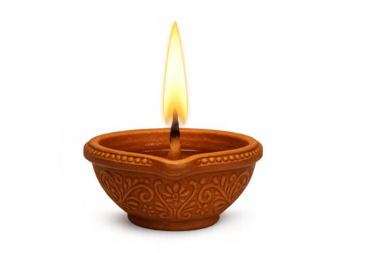 Clay diya lamp burning a bright flame, symbolizing hindu culture, celebration, ritual, and light for festive occasions