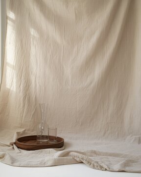 Minimalist beige draped backdrop with tray and glasses for product photography or lifestyle shoots