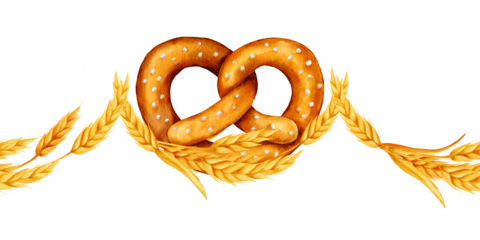 Watercolor illustration of a pretzel surrounded by golden wheat ears in a decorative semicircle, suitable for bakery branding, packaging, labels, harvest themes and food design