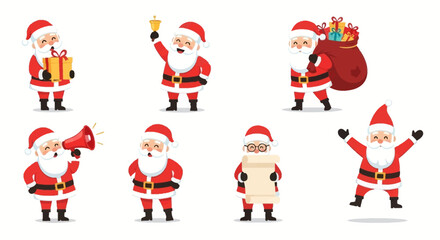 Collection of Santa Claus characters in festive poses holding gifts ringing bells and carrying a sack of presents
