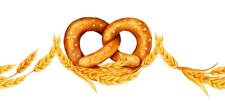 Watercolor illustration of a pretzel surrounded by golden wheat ears in a decorative semicircle, suitable for bakery branding, packaging, labels, harvest themes and food design