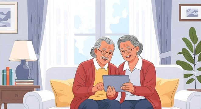 Senior couple smiling while looking at a tablet device in their living room.