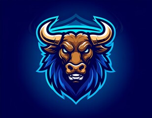 Fototapeta premium Aggressive Bull Mascot Logo with Furious Expression and Glowing Blue Outline