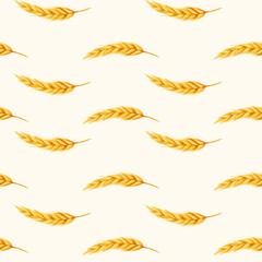 Fototapeta premium Watercolor seamless pattern with golden wheat and rye ears arranged diagonally on a light background, suitable for packaging, fabric, wrapping and agricultural themes