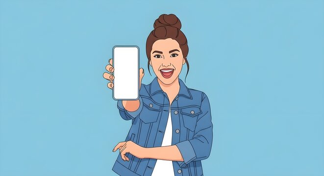 Cartoon woman smiles while presenting a blank smartphone screen on light blue backdrop.