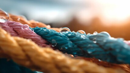 Colorful braided ropes with sparkling water droplets and bright sunlight macro close up outdoor texture background - Powered by Adobe