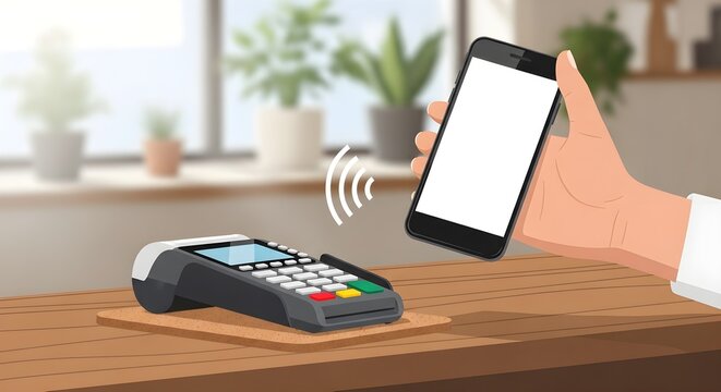 Person using mobile phone to pay at the terminal on the counter.