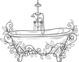 Antique clawfoot bathtub and shower fixture with botanical elements
