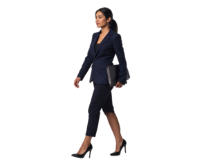 Confident businesswoman in a navy suit walking with a folder.