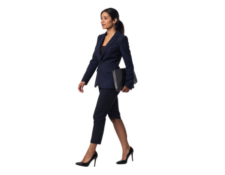 Confident businesswoman in a navy suit walking with a folder.