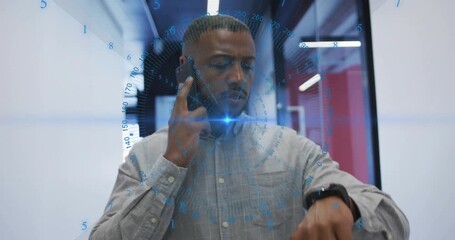 Man receiving phone call, walking hall, checking watch and coordinating business with blue overlay
