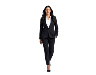 Confident businesswoman walking forward in a professional suit.