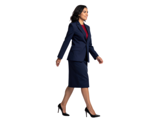 Confident businesswoman walking with purpose in professional attire.