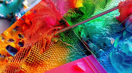 A close-up abstract image featuring a dynamic interplay of vibrant colors, intricate textures, and geometric and organic forms.