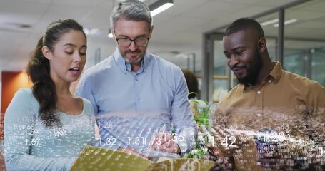 Team of three leaning, woman flipping file pages causing tablet tapping, business data over charts - Powered by Adobe