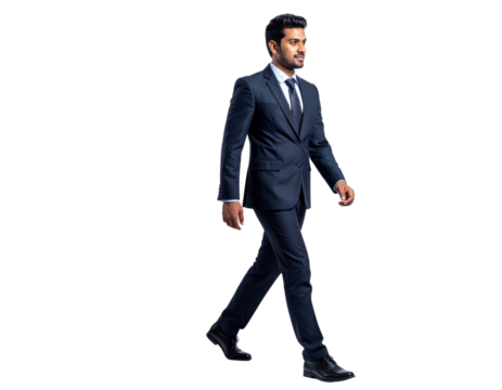 Confident young businessman in a dark suit walking forward with determination.