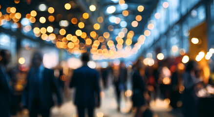 Art flou d’un salon professionnel animé avec foule en mouvement et éclairage chaleureux
