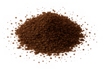 Instant coffee granules forming a pile, ready for brewing a hot beverage, with a cutout transparent background