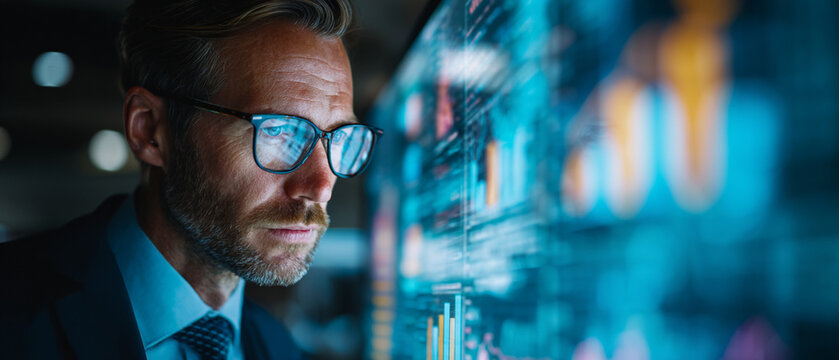 A focused businessman analyzes data trends on a digital screen, showcasing the importance of technology in modern finance and decision-making processes.
