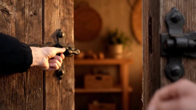 A hand opens a rustic wooden door with a vintage latch, a classic Home Improvement project revealing a warm, inviting interior