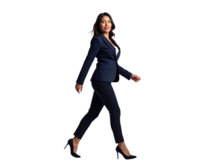 Confident young businesswoman walking with purpose and a smile.