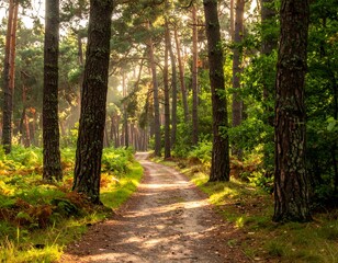 Obraz premium Sunlight streams through a forest pathway, nature's gentle beauty