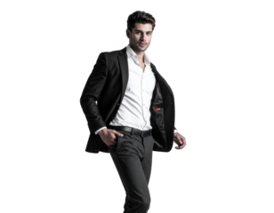 Confident young man in a stylish black suit and white shirt.