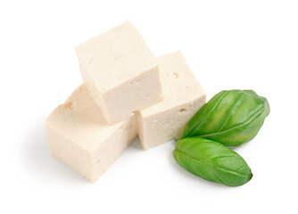 Pieces of delicious tofu cheese isolated on white background