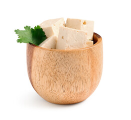 Bowl with pieces of tasty tofu cheese and parsley isolated on white background