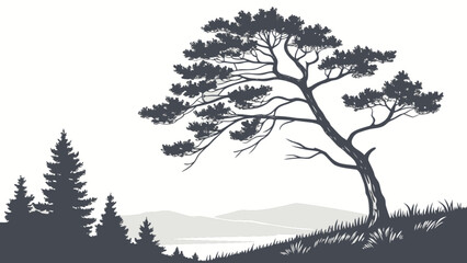 Silhouette of a windswept tree on a hillside with distant mountains and a forest on the left side