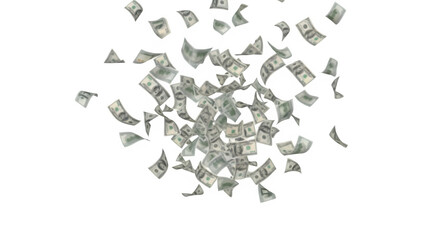 A multitude of us dollar bills falling and floating on a black background in a chaotic and random manner