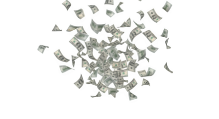 A multitude of us dollar bills falling and floating on a black background in a chaotic and random manner