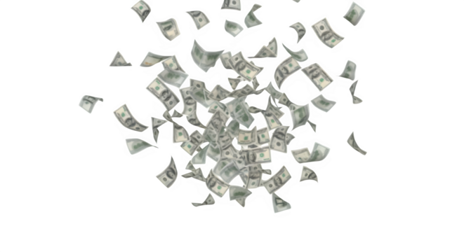 A multitude of us dollar bills falling and floating on a black background in a chaotic and random manner