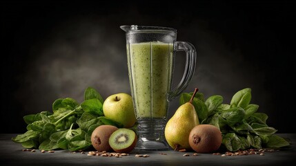 Blender filled with green smoothie surrounded by fresh fruits and leafy greens upon a dark surface