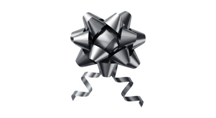 A shiny silver gift bow with ribbons on a black background creating a festive presentation item