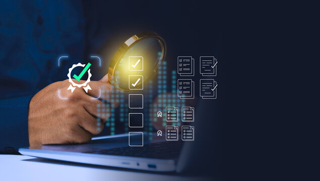 Businessman mark off items on digital checklist, Quality Assurance and Document Control Icons, representing quality assurance and document control processes, verification and compliance