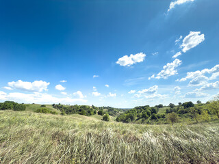 Panoramic view of the rolling grass covered hills of Zagajicka brda in Banat, Vojvodina, Serbia, under a wide blue sky with scattered white clouds, an untouched steppe landscape and open countryside.