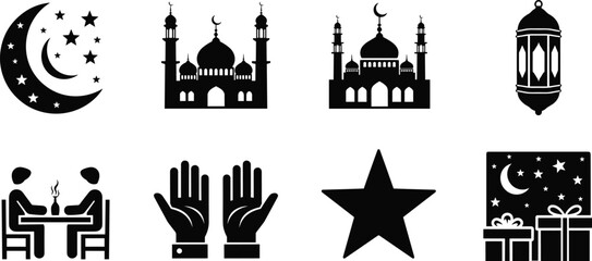 Set of Islamic holiday icons featuring black silhouettes of mosques, lanterns, praying hands, moon, and gifts for Ramadan Kareem vector design.
